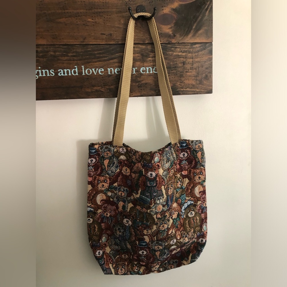 Vintage 90's Teddy Bear Tapestry Tote Bag Woven Shoulder Bag Cottagecore Grandma